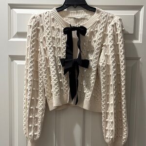 Alice & Olivia Cable Knit Cardigan with Black Bow Tie Closures Sz. L